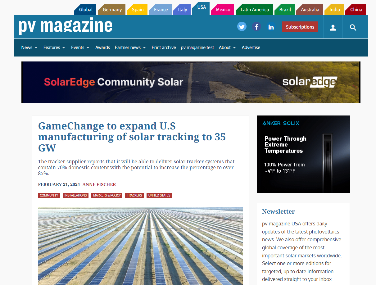 Scatec GameChange to expand U.S manufacturing of solar tracking to 35 GW