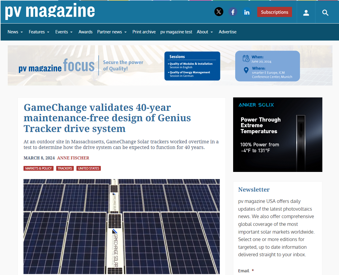 GameChange validates 40-year maintenance-free design of Genius Tracker drive system