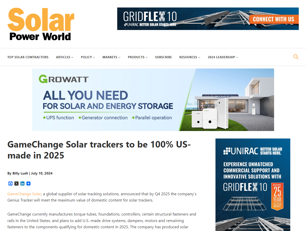 GameChange Solar trackers to be 100% US-made in 2025